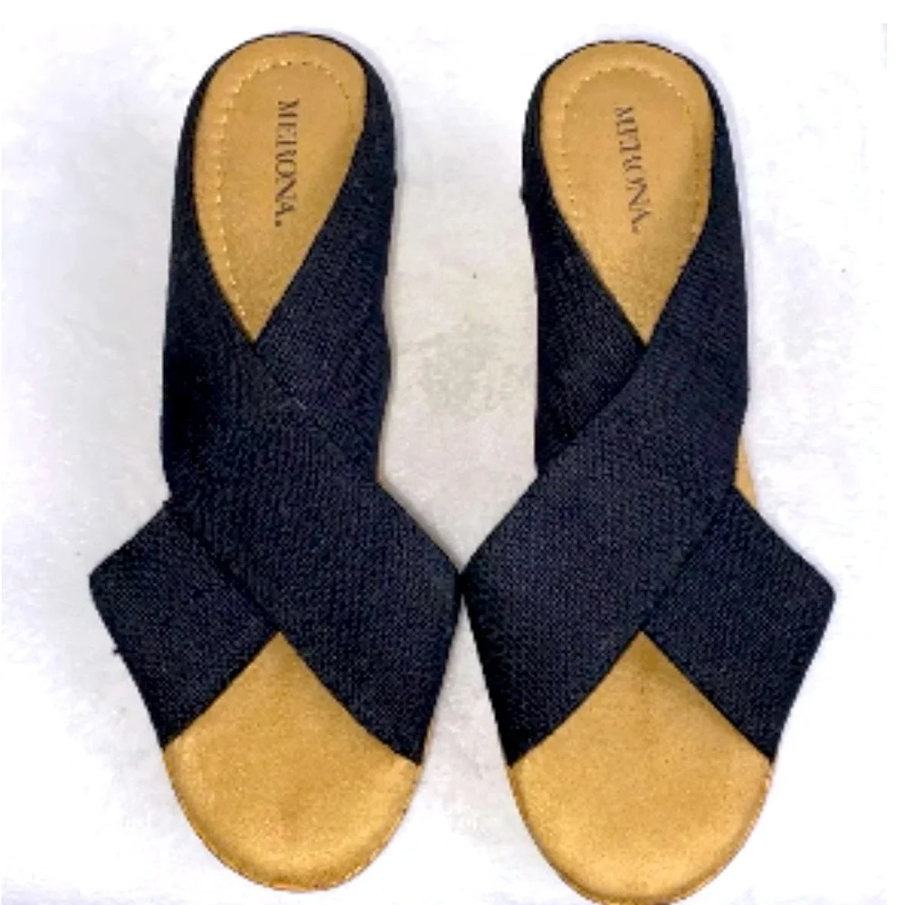 MERONA Cork Wedge Black Stretchy Upper W Grommet Detail Sandals slip Ons SZ 7.5